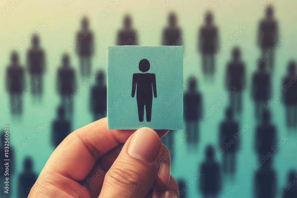 Aufkleber conceptual image of a hand holding a card with a human figure among a crowd symbolizing individualit