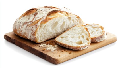 Naklejka premium Freshly baked bread on a wooden cutting board, with slices cut, showcasing its soft interior and crusty exterior.