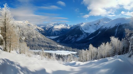 Obraz premium Panoramic view down snow covered valley in alpine mountain range