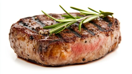 A grilled steak garnished with fresh rosemary, showcasing juicy textures and delicious grill marks, perfect for meat lovers.
