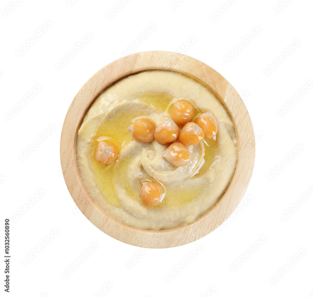 Canvas Prints Delicious hummus with olive oil and chickpeas isolated on white, top view