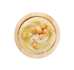 Delicious hummus with olive oil and chickpeas isolated on white, top view