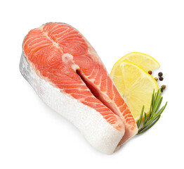 Fresh salmon steak, lemon, peppercorns and rosemary isolated on white