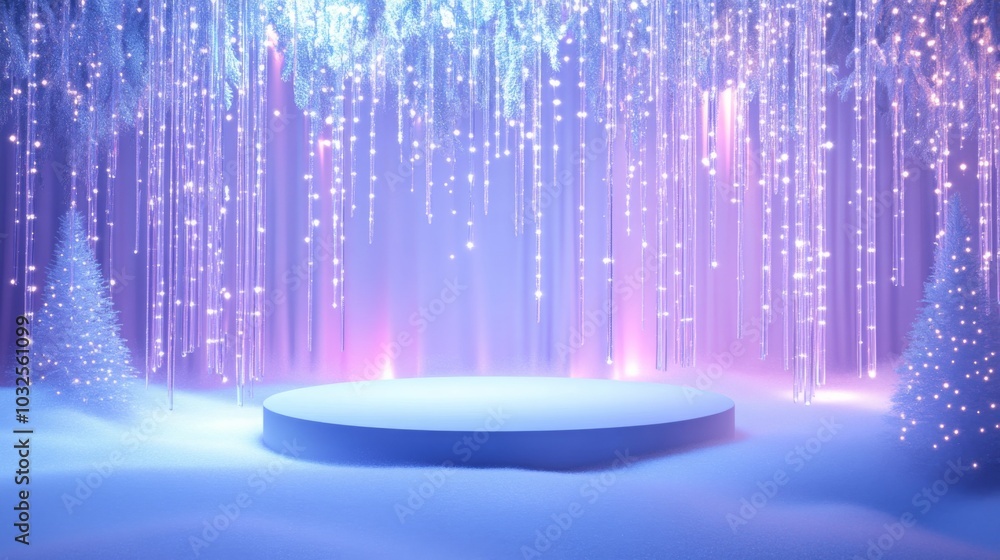 Aufkleber a circular platform sits in a winter forest. the trees are covered in snow and illuminated by a soft