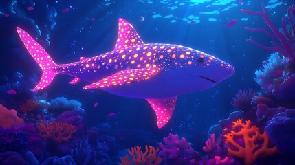 Fototapeta premium Neon Shark Swimming Through Coral Reef.