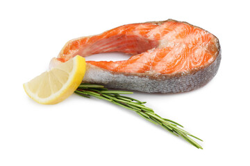Tasty grilled salmon steak, lemon and rosemary isolated on white