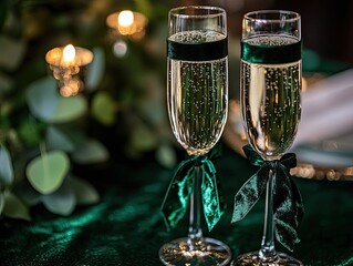 Two champagne flutes decorated with green velvet ribbons, filled with bubbly champagne on an elegant, festive table adorned with greenery and candlelight