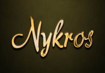 Old gold text effect of futuristic name Nykros with 3D glossy style Mockup.
