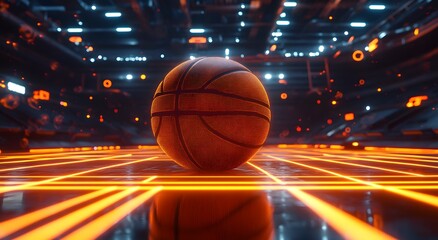 Obraz premium A basketball rolling on a playing court with bright light effects and orange lines on a professional court in an abstract style. Reflected on the shiny floor with the scoreboard in the background.