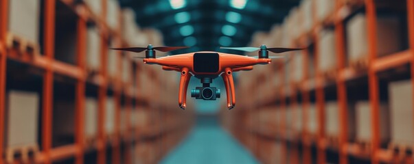 Drone overseeing warehouse operations, scanning inventory with advanced tracking software, warehouse management, tracking software