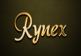 Old gold text effect of futuristic name Rynex with 3D glossy style Mockup.