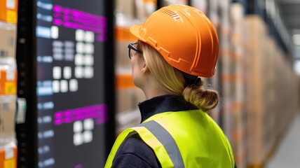 Warehouse team planning inventory flow using large digital screens, data-driven logistics, warehouse management, inventory planning