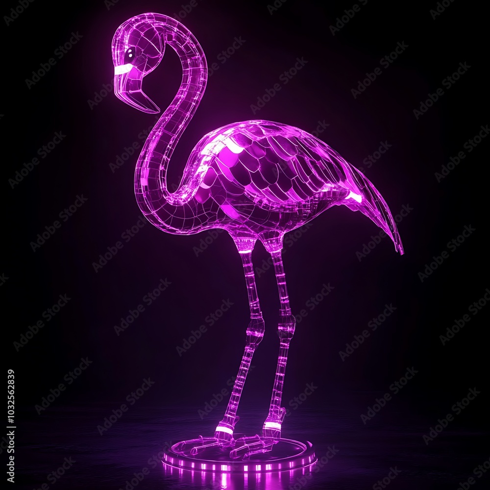 Poster Glowing Pink Flamingo Wireframe.