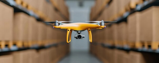 Drone overseeing warehouse operations, scanning inventory with advanced tracking software, warehouse management, tracking software