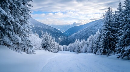 Fototapeta premium Panoramic view down snow covered valley in alpine mountain range