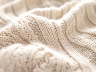 Soft beige knitted fabric with intricate patterns, creating a warm and cozy texture, perfect for autumn attire.