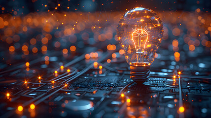 A glowing light bulb sits on a circuit board, symbolizing the fusion of innovation, technology, and digital connectivity in a modern context