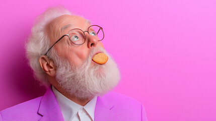 Elderly man with a bushy white beard wearing a bright pink suit and glasses, holding a cookie against a vibrant pink background. A playful take on a Santa-like figure with a modern twist.