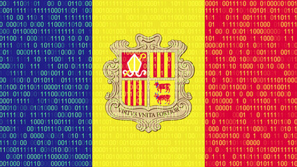 Binary code on flag of Andorra. Program source code or Hacker concept on Andorran flag. Andorra...
