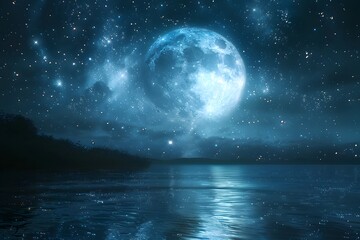 Enchanting Night Sky with a Radiant Full Moon Over a Serene Lake