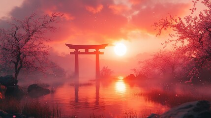 A traditional Japanese torii gate stands in a serene landscape with cherry blossoms, a misty lake, and a vibrant sunrise.