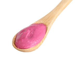 Tasty beetroot hummus in wooden spoon isolated on white