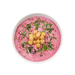 Tasty beetroot hummus and chickpeas in bowl isolated on white, top view