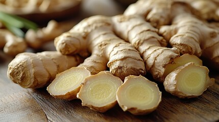 Fresh ginger roots with sliced sections on wood.