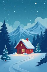 Fototapeta premium Wooden house in snowy mountains in winter, cottage in snow standing in ski resort during starry night, high mountain peaks