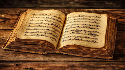 Obraz premium Antique Sheet Music Book Open on Wooden Table