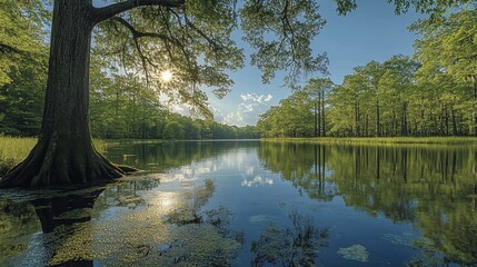 Obraz premium A serene, sun-drenched lake nestled amidst lush greenery, reflecting a vibrant sky and a majestic tree with exposed roots.