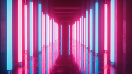 Obraz premium Neon Lights Corridor Futuristic Pink and Blue Glow Abstract Background