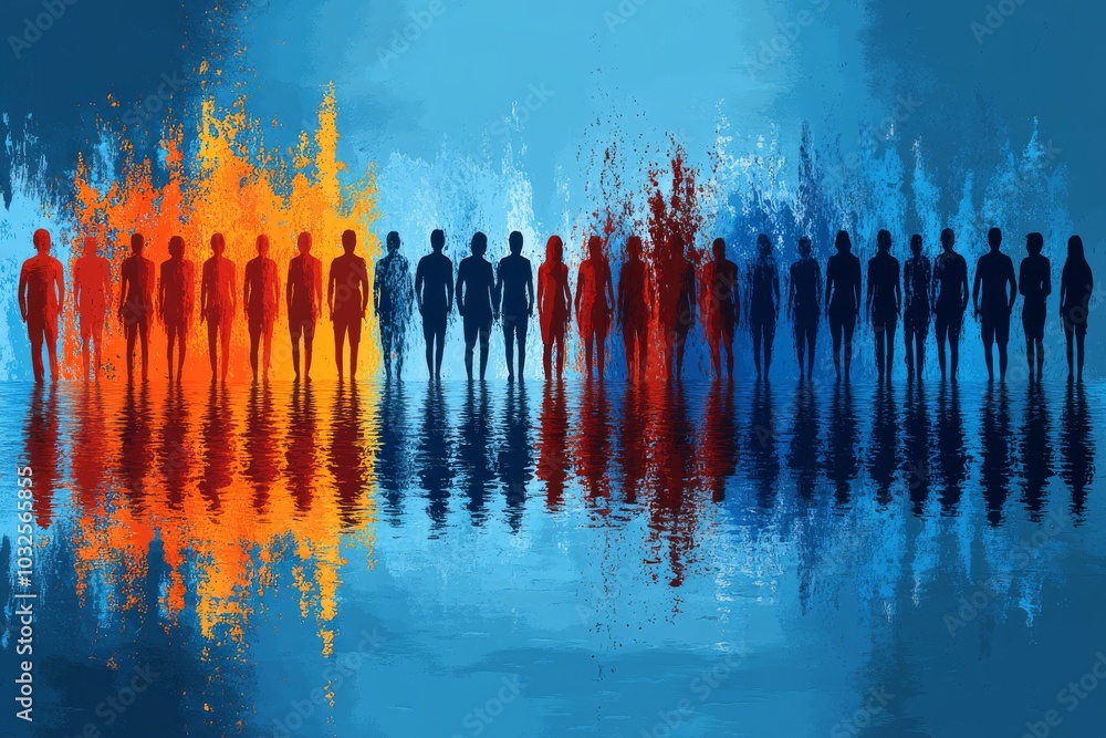Poster abstract visual representation of human silhouettes reflected in colorful waves of sound symbolizing