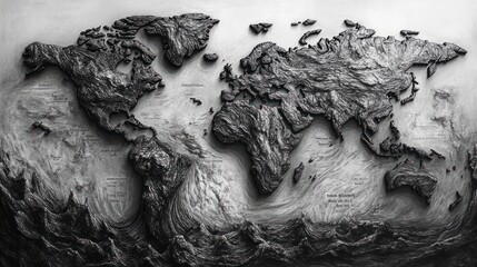 A black and white world map with a greyish color. The map is drawn in a way that it looks like it is made of water