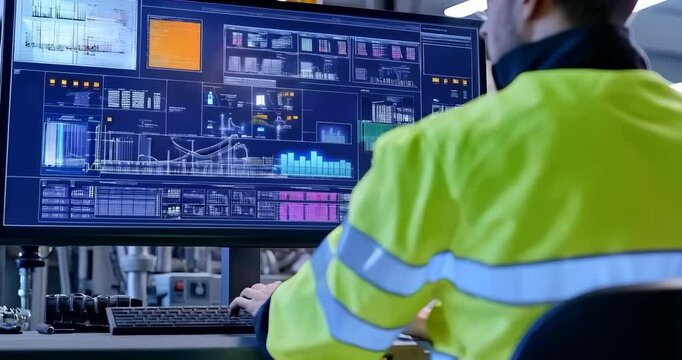 An operator engineer using a Scada system, he is typing on a keyboard and staring at a monitor on which graphs show important information