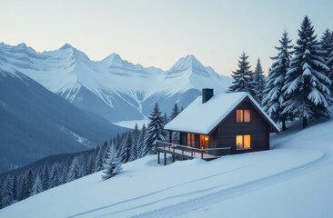 Wooden house in snowy mountains in winter, cottage in snow standing in ski resort during the day, high mountain peaks