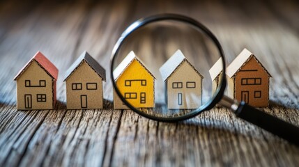 A magnifying glass focuses on colorful miniature houses on a wooden surface.