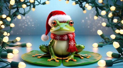 3D Christmas frog sitting on a lily pad, surrounded by floating holiday lights.