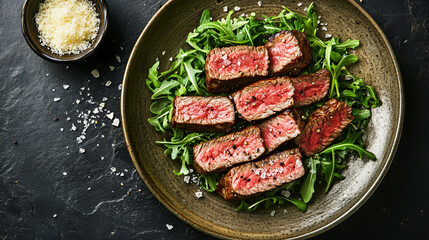 Grilled Steak with Arugula Salad and Salt  Top View