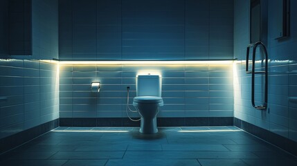 Toilet for Disabled People in a public restroom, illuminated by clear lighting to show accessibility features like handrails and a raised toilet seat