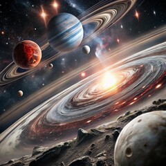 A breathtaking view of a solar system with a swirling galaxy in the center features planets, moons, and asteroids.
