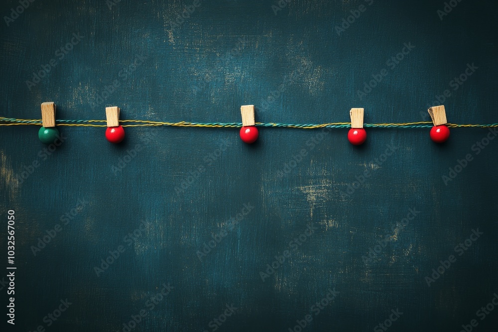 Poster minimalist concept with three pegs holding small red cubes suspended by ropes symbolizing balance te