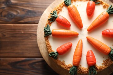 Delicious carrot cake on wooden table, top view