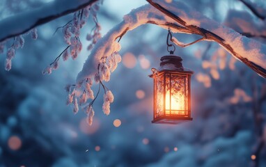 A glowing lantern hanging from a snow-covered tree branch, with soft light illuminating the snow and creating a peaceful winter scene