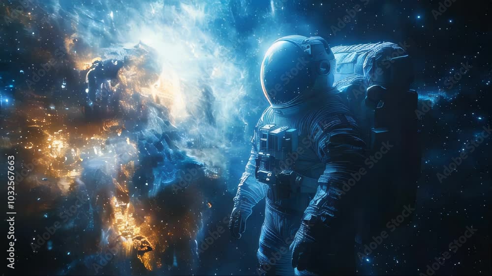 Poster astronaut in a reflective helmet, floating in outer space with a backdrop of distant stars and galax