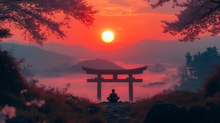 A lone figure meditates in front of a traditional Japanese torii gate at sunrise, with a misty valley and mountains in the background.