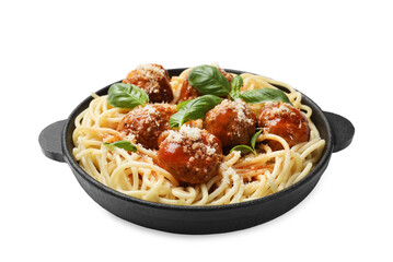 Delicious pasta with meatballs isolated on white