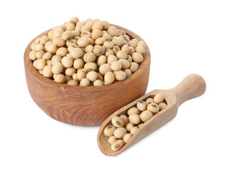 Soy beans in bowl and scoop isolated on white