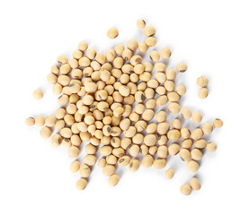 Many raw soy beans isolated on white, top view