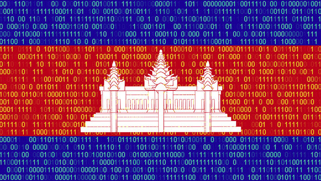Binary code on flag of Cambodia. Program source code or Hacker concept on Cambodian flag. Cambodia digital technology security, hacking or programming